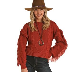 Rock&Roll Denim Rust Sweater Fringe Shoulder Sleeves Cable Knit Western Medium